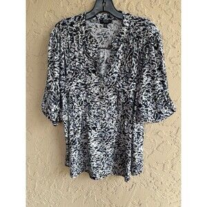 Cocomo 2X Plus Black White Pin Tucked Pleats 3/4 Sleeve Roll Tab Woman’s Blouse